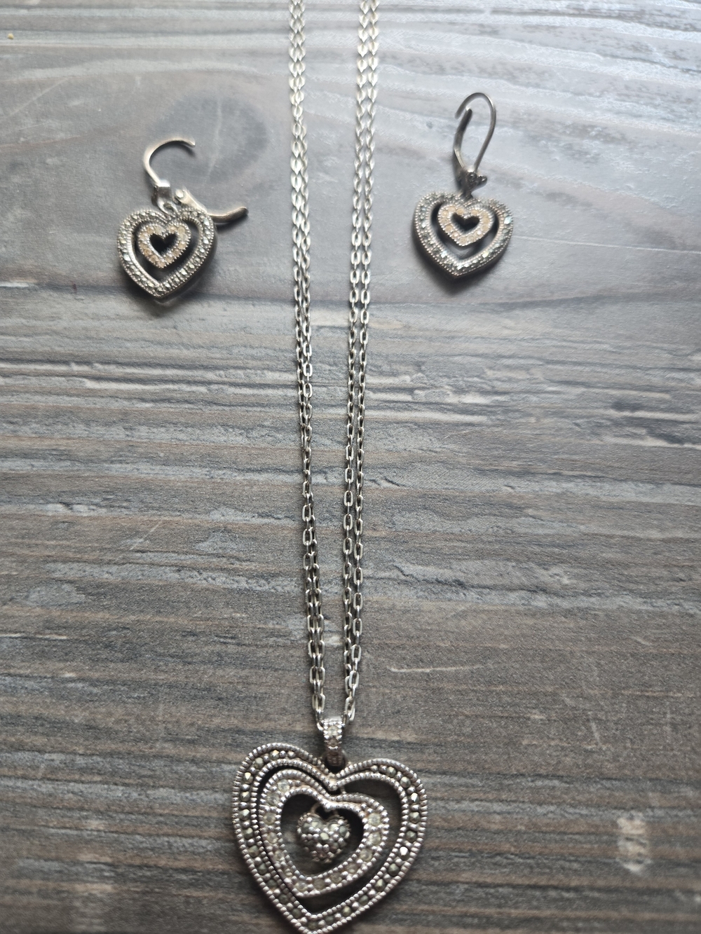 Vintage Judith Jack Silver Layered Heart Pendant Necklace with Matching Earrings